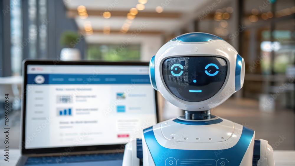 Poster website chat bot , a friendly robot sits in front of a laptop displaying data, symbolizing the fusio
