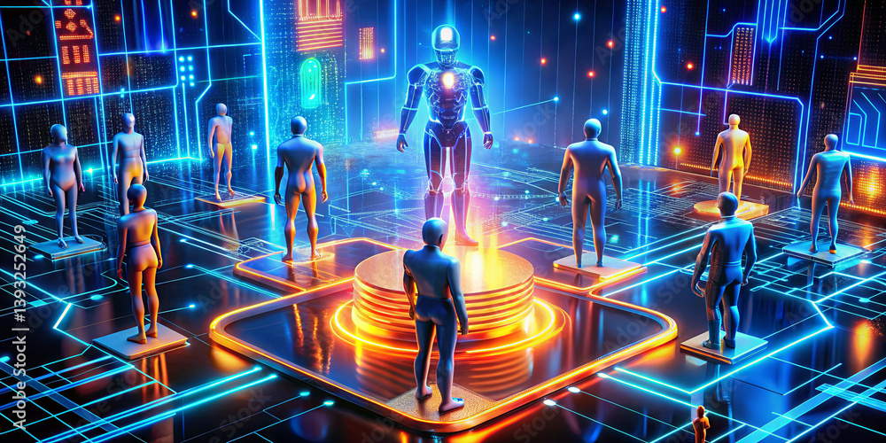 Poster a futuristic robot stands on a glowing pedestal, surrounded by abstract humanoid shapes in a vibrant
