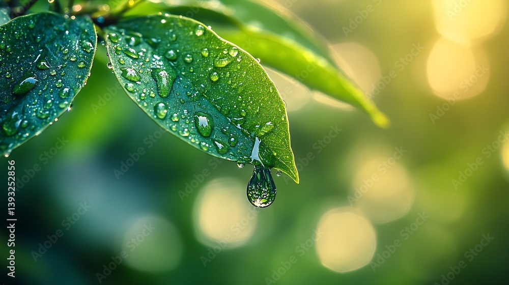 Aufkleber Macro Photo of Water Droplets on Green Leaf with Bokeh Background for Nature Freshness and Purity Concepts : Generative AI