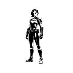 Fototapeta premium Bold female superhero stands confidently in a powerful pose, showcasing strength and determination in a dynamic urban environment