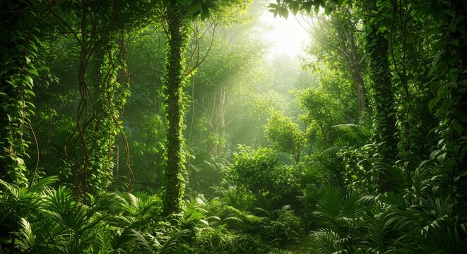 Lush Rainforest Sunlight - Sunlight streams through the dense canopy of a vibrant rainforest, illuminating the lush green foliage and creating a serene atmosphere