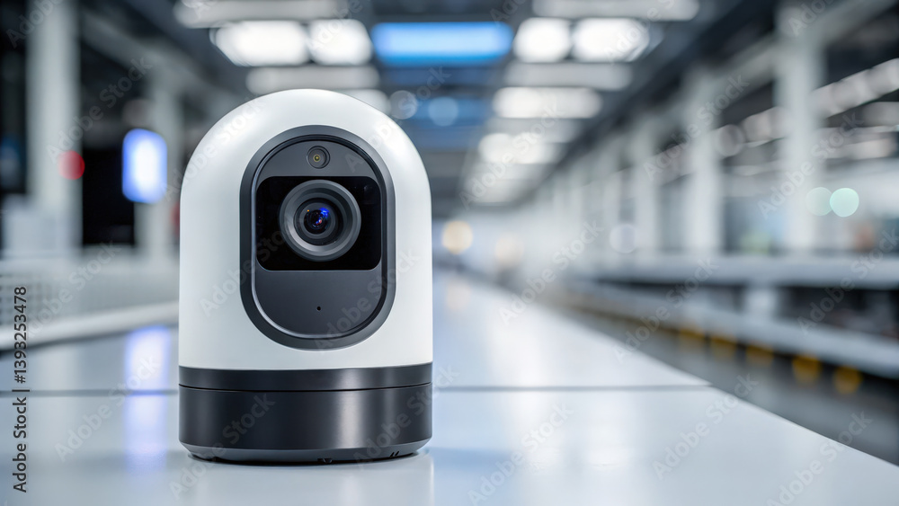 Poster a modern camera on a sleek table in a well-lit space, showcasing advanced technology and design for 