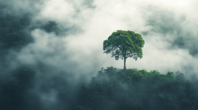 Photorealistic view of a solitary emergent tree rising from a dense tropical forest, surrounded by soft mist and fog. A serene and powerful scene ideal for nature conservation - Powered by Adobe
