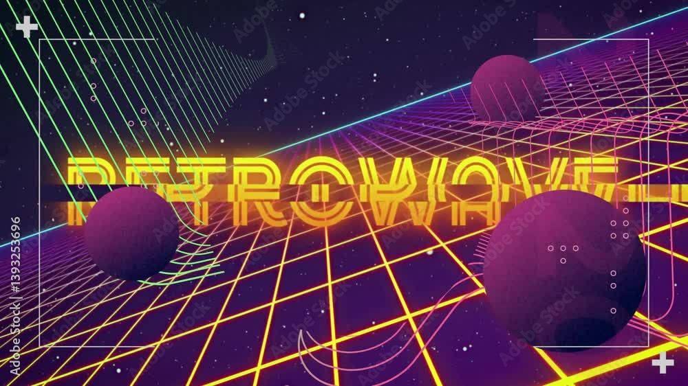 Poster animation of neon retrowave text with grid and spheres in digital landscape