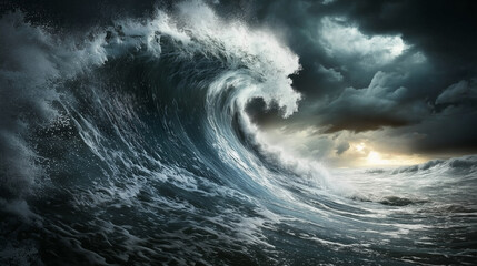 Fototapeta premium Photorealistic image of a massive ocean wave crashing under stormy skies with intense light breaking through. Ideal for dramatic visuals about nature, energy, or climate events.
