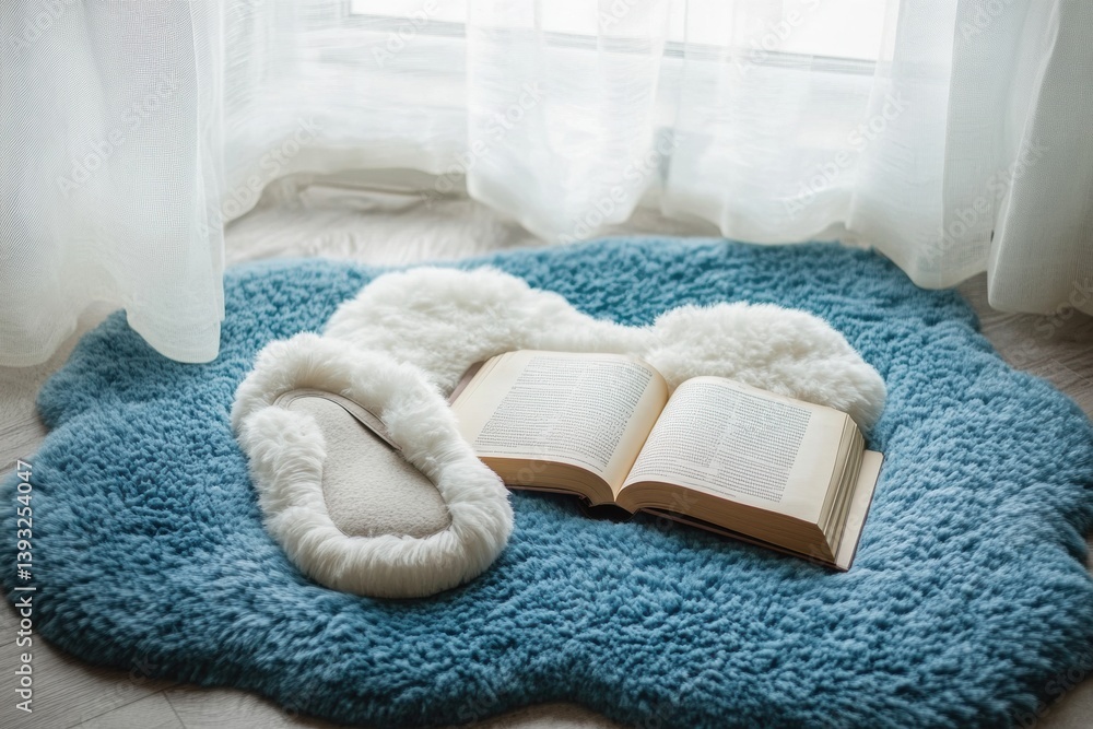 Poster Cozy corner with cloud-shaped rug, slippers, and open book creating a serene reading space