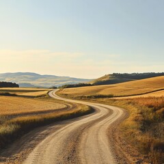 image of a peaceful countryside scene featuring a winding country lane through open fields isolated on a plain background a narrow dirt road meandering through golden fields under a clear sky 
