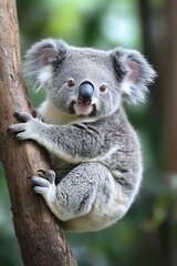 Cute Koala Bear Climbing a Tree Close Up Portrait of Australian Wildlife in Natural Habitat : Generative AI