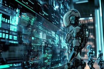 AI powered trading bots in a virtual stock exchange, abstract digital interfaces, glowing data streams