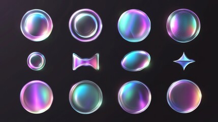 Futuristic neon holographic shapes on dark background for digital design