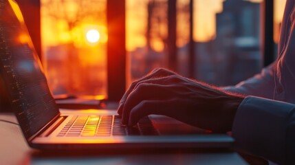 Sunrise coding session in modern office with laptop at sunrise