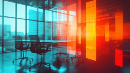Obraz premium Modern office interior with neon abstract art and glass walls
