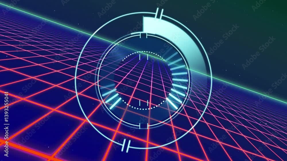 Aufkleber animation of glowing grid with circular hud elements in futuristic digital interface