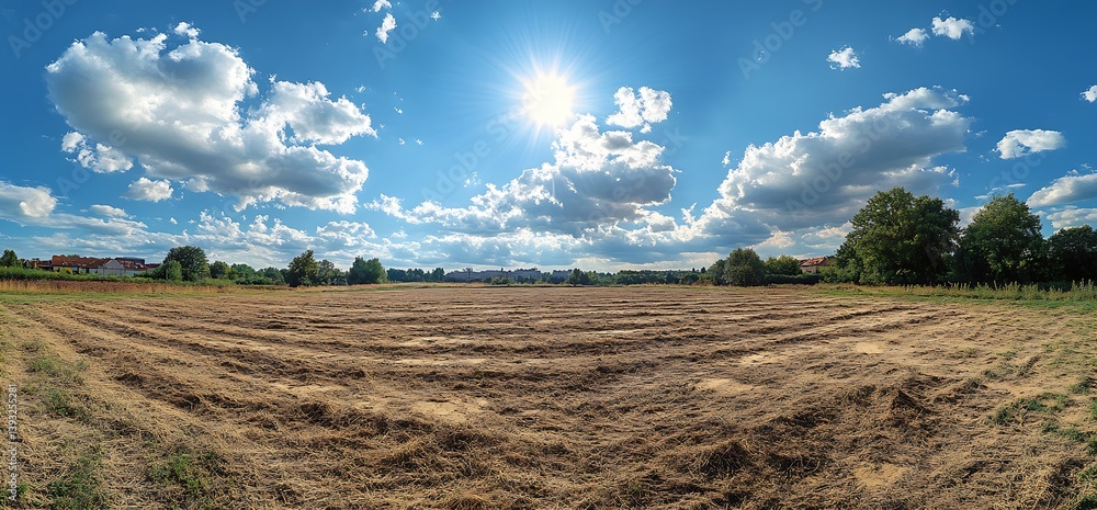 Aufkleber sunny day over a field with lush grass and clouds in bright blue sky : generative ai