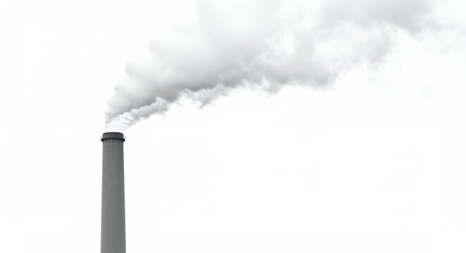 Industrial smokestack releasing vapor against a clear white background scene