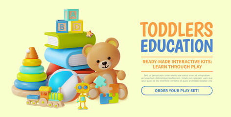 3d Toddlers Education Concept Ready Made Interactive Kids Learn Through Play Ads Banner Poster Card. Vector illustration