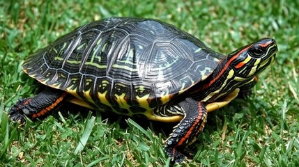Fototapeta premium A turtle positioned diagonally on sunlit grass, soft shadows highlighting shell ridges