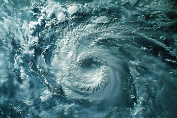 Satellite style view of a tornado's vortex from above showing its spiraling clouds and hollow eye