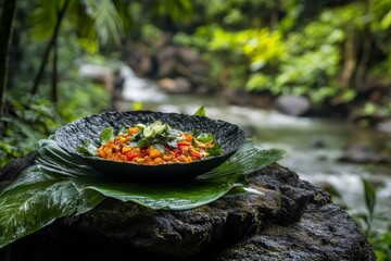 Amazon inspired dish served on banana leaves, exotic ingredients, rich greens, forest backdrop