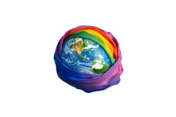 Earth wrapped in rainbow cloth on blue background symbolizing global unity and diversity