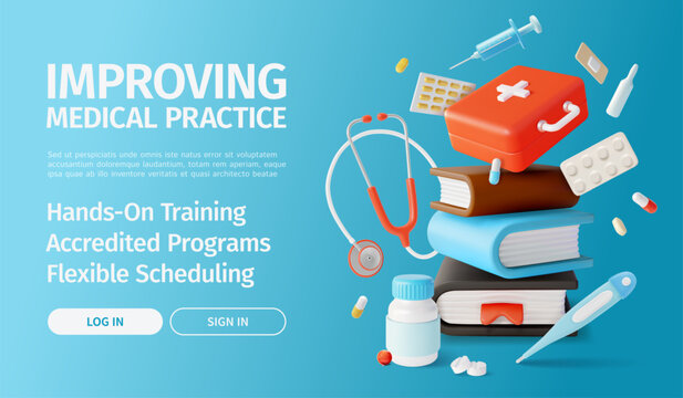 3d Improving Medical Practice Concept Ads Banner Poster Card Hands on Training Accredited Programs and Flexible Scheduling. Vector illustration