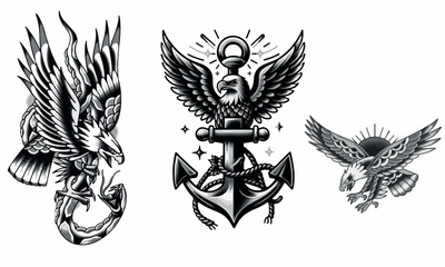American eagle icon with outstretched wings holds bundle of arrows and olive branch in talons, for tattoo or t-shirt design