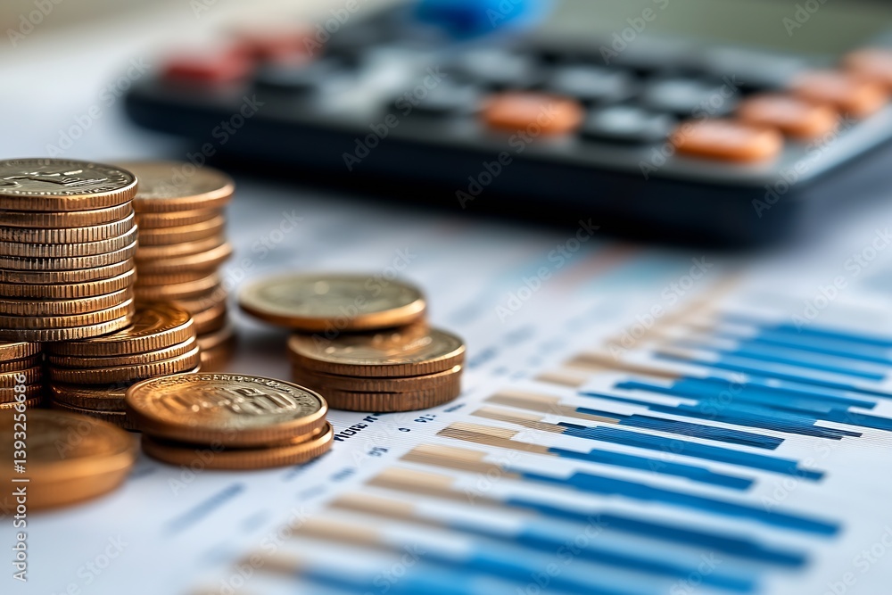 Poster Financial Growth Concept Stack of Coins with Rising Chart and Calculator Business Investment and Accounting Visualization : Generative AI