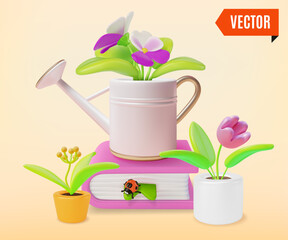3d Watering Can on Top of Book and Home Plants Houseplant for Beginners Education Concept Cartoon Design Style. Vector illustration