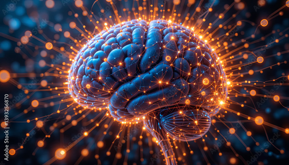 Poster a detailed view of a brain illuminated by radiant connections, illustrating the complexity of neural
