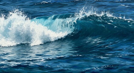 Naklejka premium Ocean Wave Crashing - A powerful ocean wave crashes, showcasing its dynamic energy and beautiful turquoise hues. The white foam contrasts sharply with the deep blue water