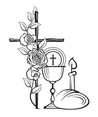 holy communion icon with chalice, cross with roses and bread isolated on white background