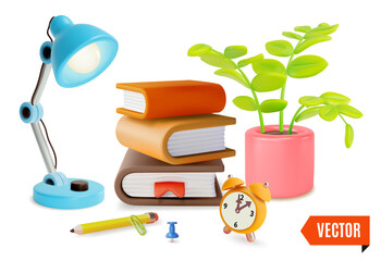 3d Pile of Books, Table Lamp, Alarm Clock and Houseplant Home Education Concept Cartoon Design Style. Vector illustration