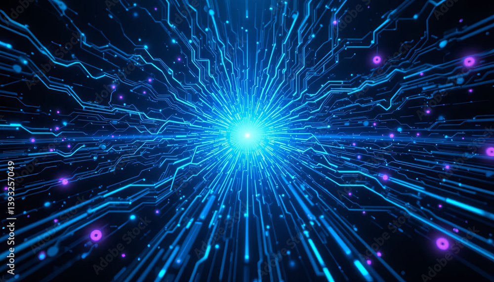 Poster bright blue and purple rays emanate from a central point, creating a dynamic and vibrant atmosphere.