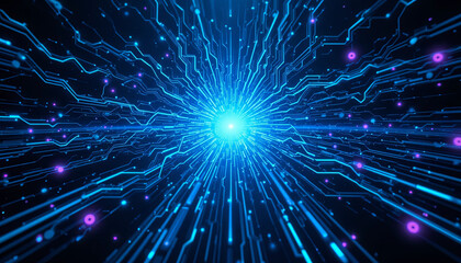 Fototapeta premium Bright blue and purple rays emanate from a central point, creating a dynamic and vibrant atmosphere. The patterns suggest a fusion of technology and energy, evoking a sense of innovation