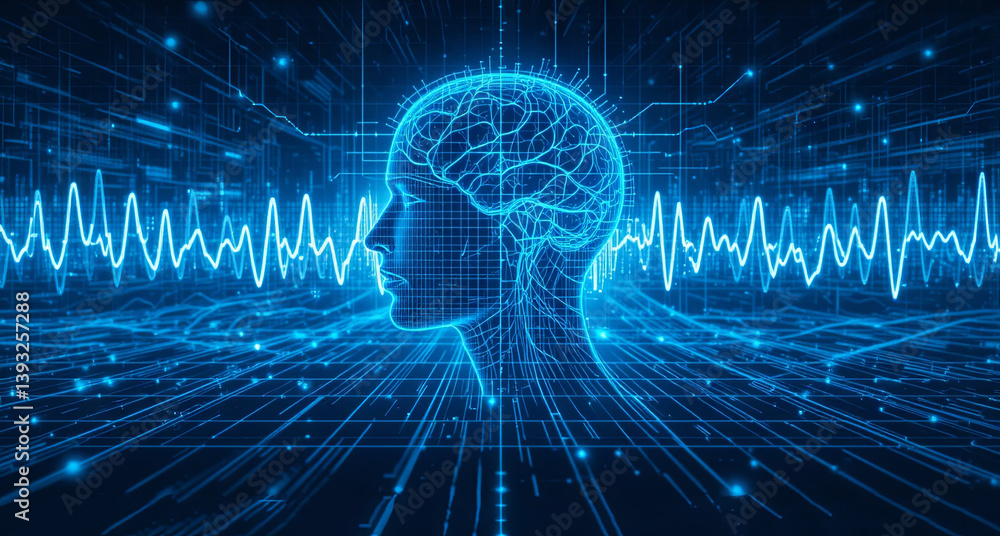 Poster the artwork depicts an abstract silhouette of a human head filled with neural patterns in blue, surr