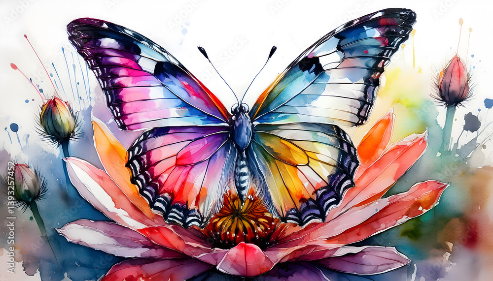 Poster a colorful butterfly with intricate wing patterns rests on a vibrant flower in a watercolor style