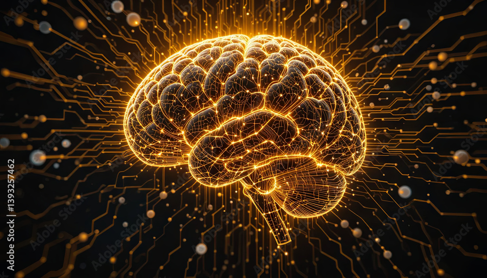 Poster a radiant brain is displayed with intricate digital connections and vibrant golden lines, symbolizin