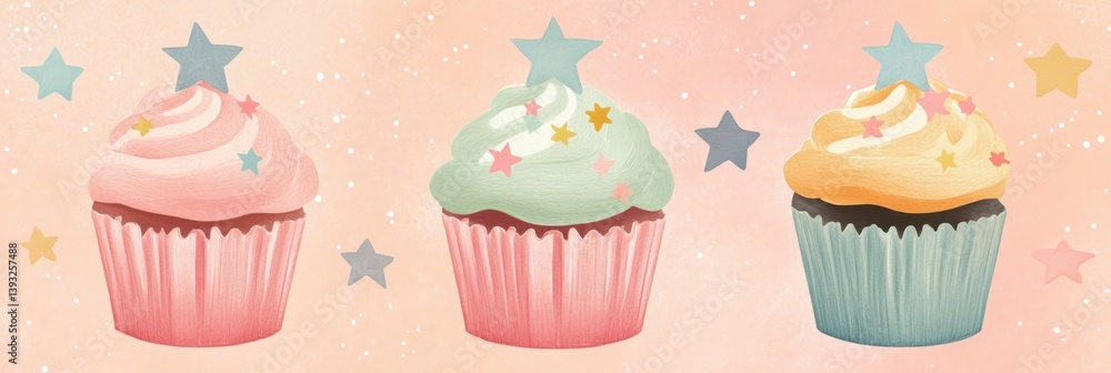 Poster colorful cupcakes with star toppings on soft pastel background create a delightful treat for any cel