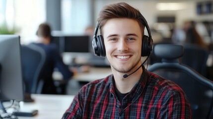 A man wearing a headset is smiling in front of a computer. He is wearing a red and black plaid shirt