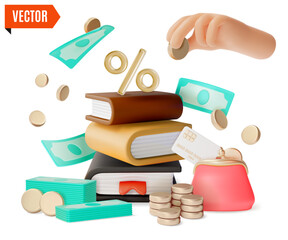 3d Financial and Banking Education Concept Cartoon Design Style Hand Putting Coin with Pile of Books, Credit Card and Purse Wallet. Vector illustration