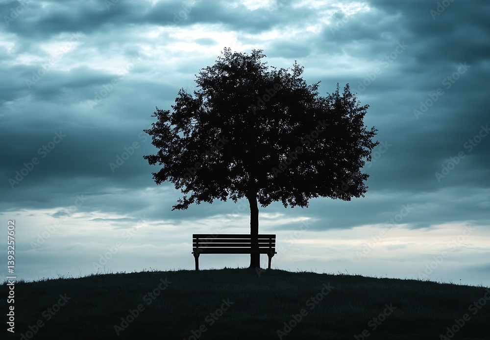 Poster Stunning silhouette of a tree next to a bench surrounded by an overcast sky filled with clouds : Generative AI