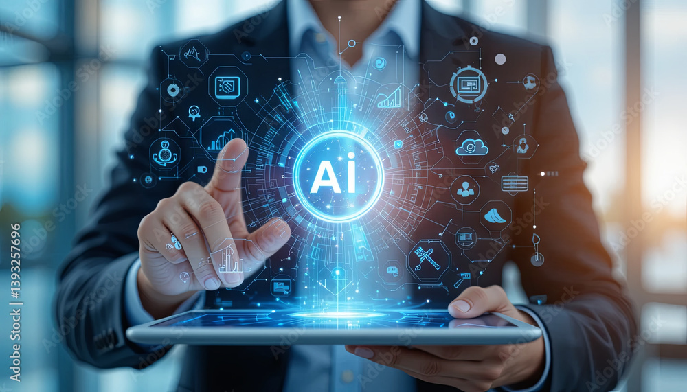 Aufkleber a professional in a suit interacts with a tablet showcasing artificial intelligence concepts, amidst