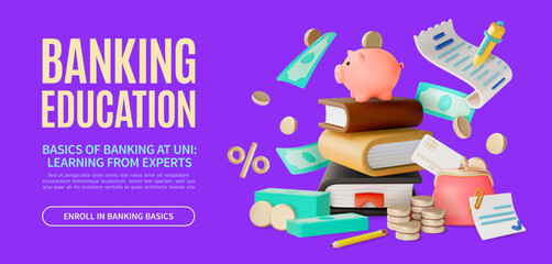 3d Banking Education Learning From Experts Ads Banner Poster Card Piggy Bank on Top of Pile of Books and Money. Vector illustration