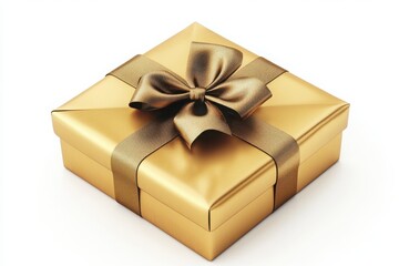 Obraz premium A golden gift box with a ribbon sitting on a white surface alone here