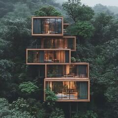 A modern stacked wooden structure surrounded by lush green vegetation