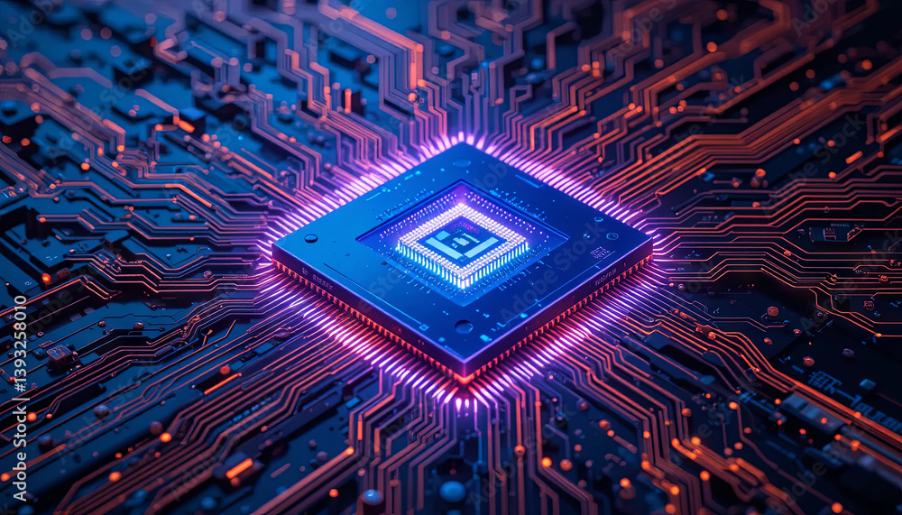 Poster a close-up view captures a microprocessor at the center of a circuit board. brightly colored lights 