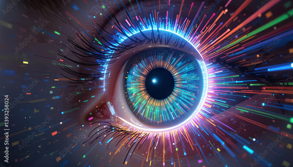Poster this artwork features a stunning close-up of an eye surrounded by dynamic bursts of color and light,