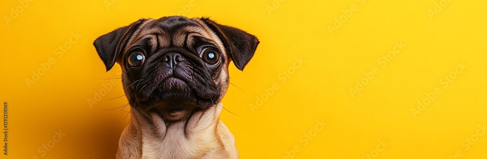 Poster cute playful pug dog posing confidently against bright yellow background with playful demeanor : gen