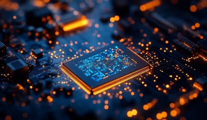Futuristic microprocessor close up image displaying vibrant patterns of light and advanced circuit designs : Generative AI