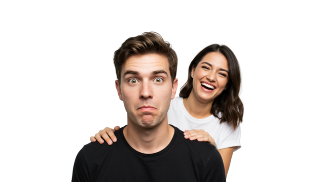 Humorous portrait of a man with a worried expression as a woman laughs, adding comedic contrast to their expressions and mood.